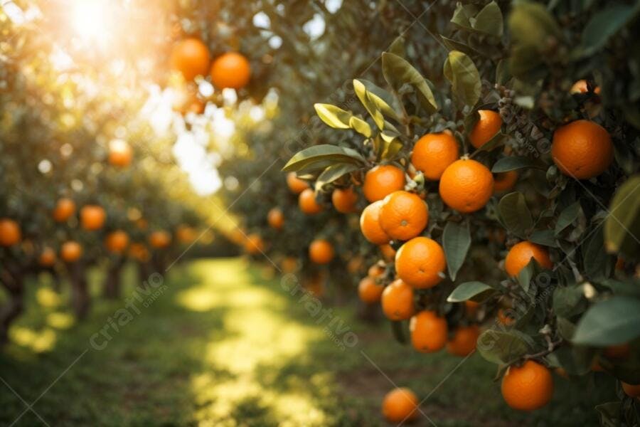 Laranjas maduras em laranjal sob luz dourada do sol da manhã