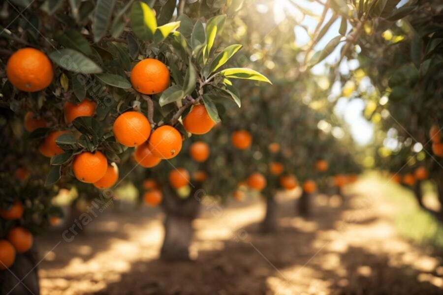 Laranjas maduras penduradas em árvore no laranjal ensolarado com folhas verdes