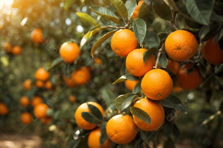 Laranjas maduras em laranjeira com folhas verdes e sol da manhã