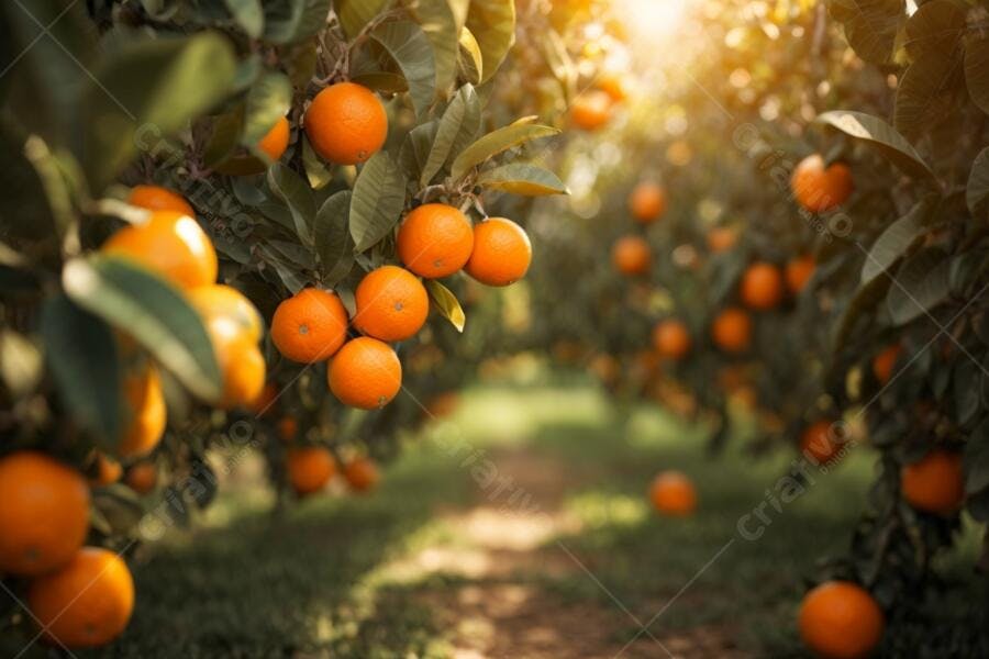 Laranjas maduras em pomar ensolarado com luz dourada da manhã
