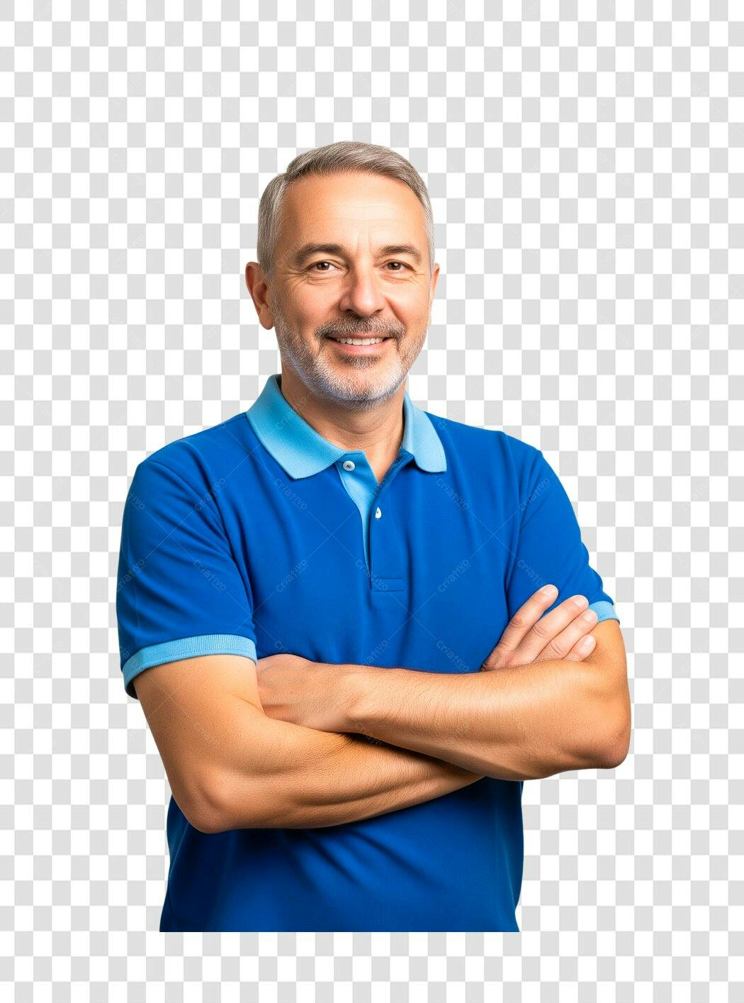Homem de meia idade sorrindo camisa polo azul braços cruzados PNG com fundo transparente