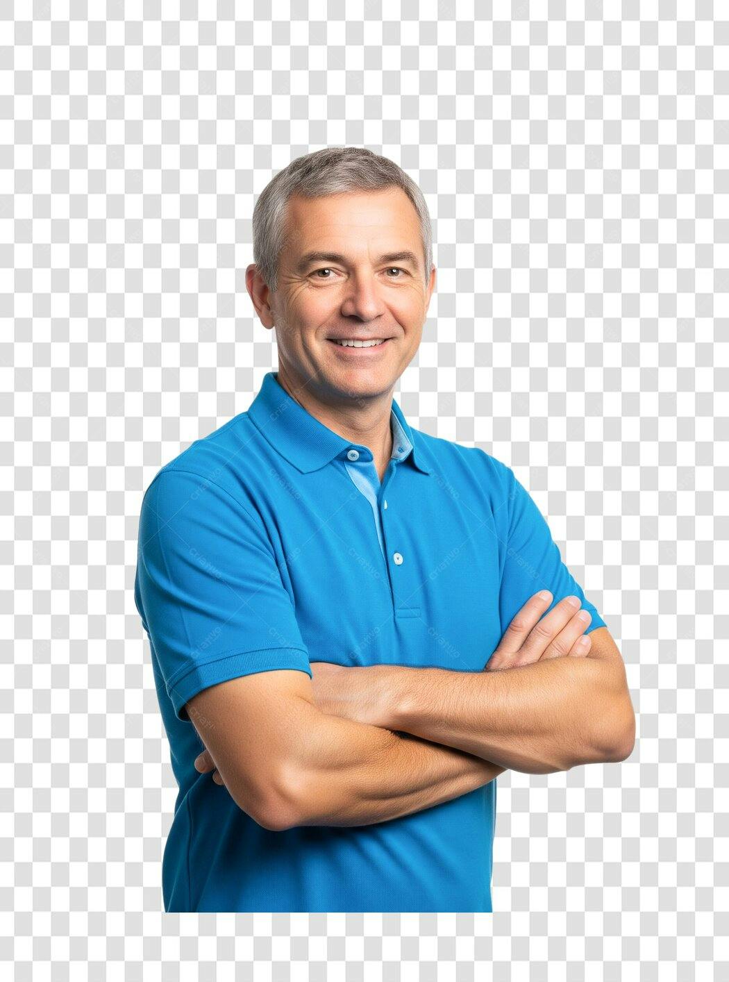 Homem sorrindo braços cruzados polo azul executivo PNG com fundo transparente