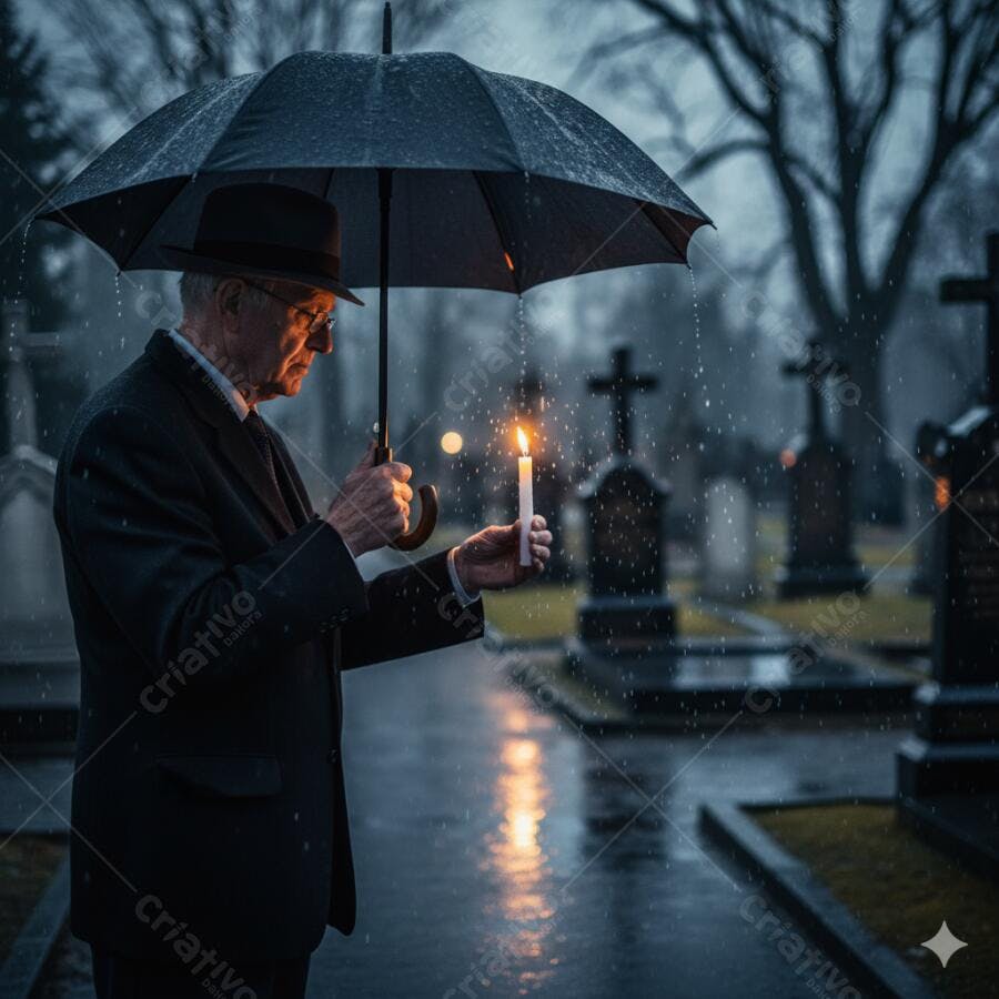 Homem idoso de terno com vela e guarda-chuva na chuva em cemitério
