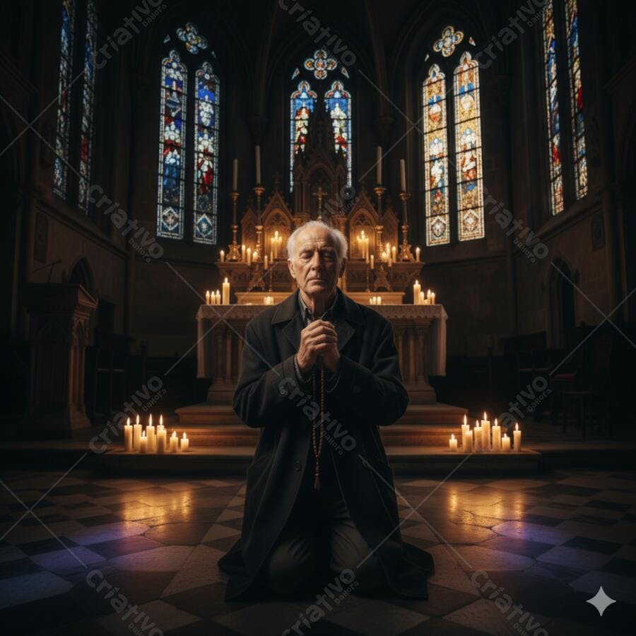 Homem idoso rezando com rosário em igreja gótica iluminada por velas e vitrais