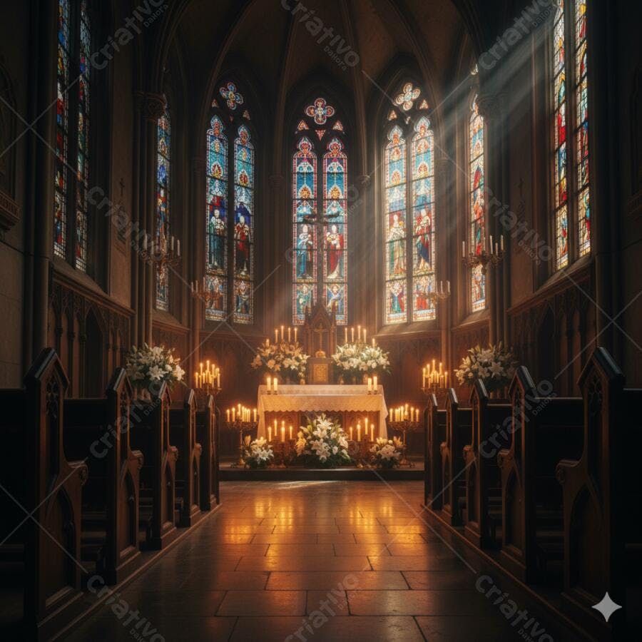 Interior de igreja gótica com vitrais coloridos e velas acesas
