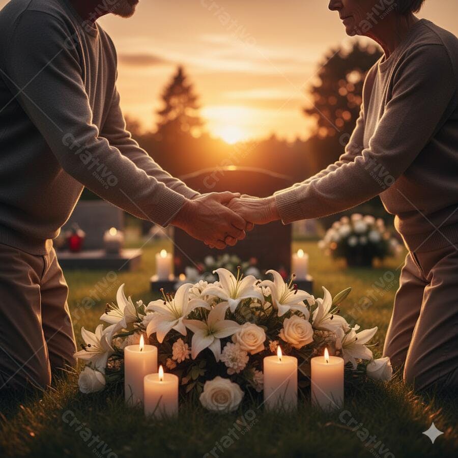 Casal maduro de mãos dadas ajoelhado em cemitério com flores brancas e velas ao pôr do sol