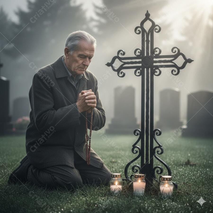Homem idoso orando ajoelhado no cemitério com velas e cruz