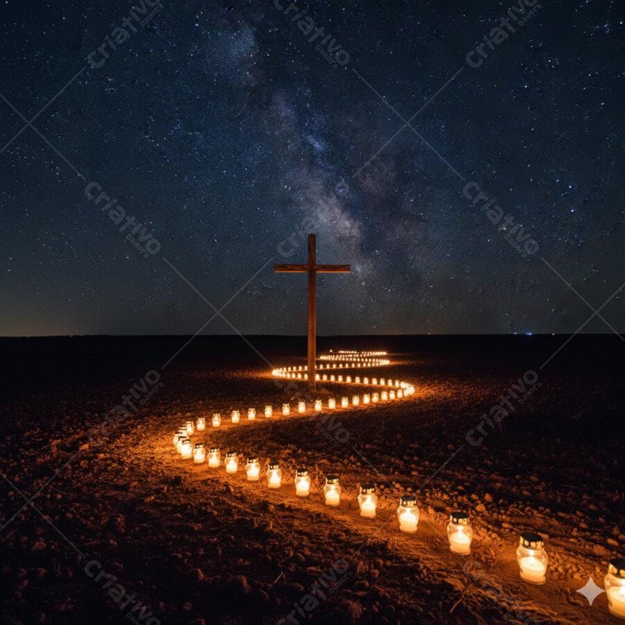 Cruz de madeira com caminho de velas no campo sob Via Láctea à noite