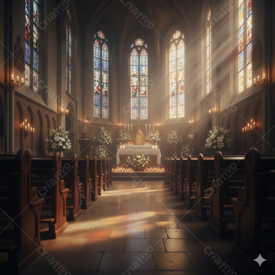 Igreja gótica com altar iluminado e vitrais coloridos raios de sol