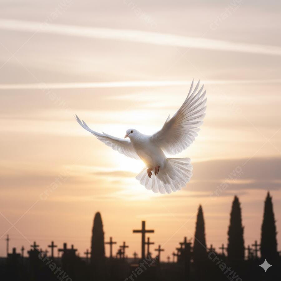 Pomba branca voando sobre cemitério ao pôr do sol com cruzes e ciprestes