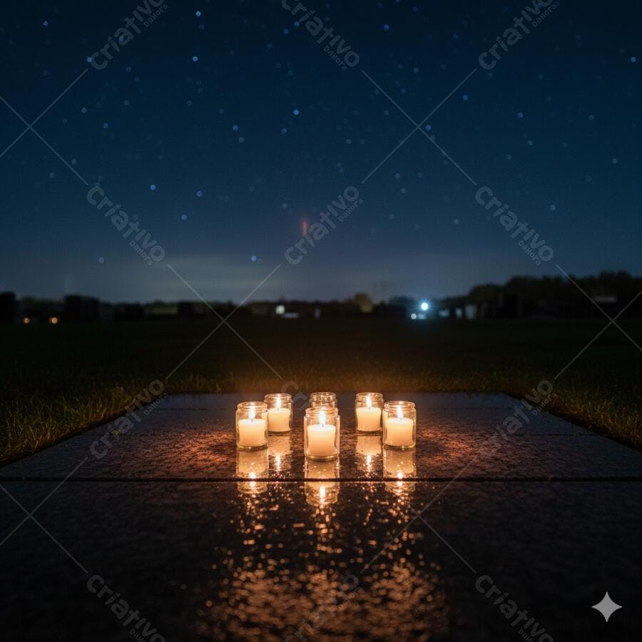 Seis velas acesas em potes de vidro sob céu estrelado à noite