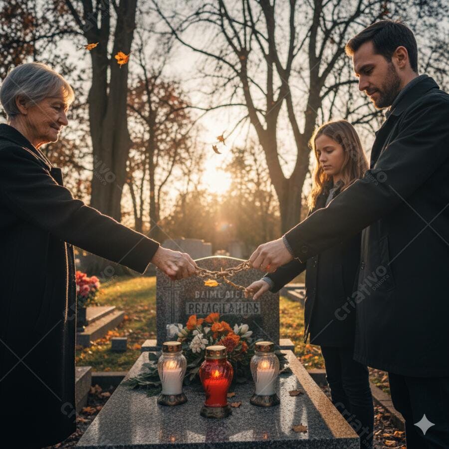 Família unida em cemitério segurando corrente durante por do sol outonal