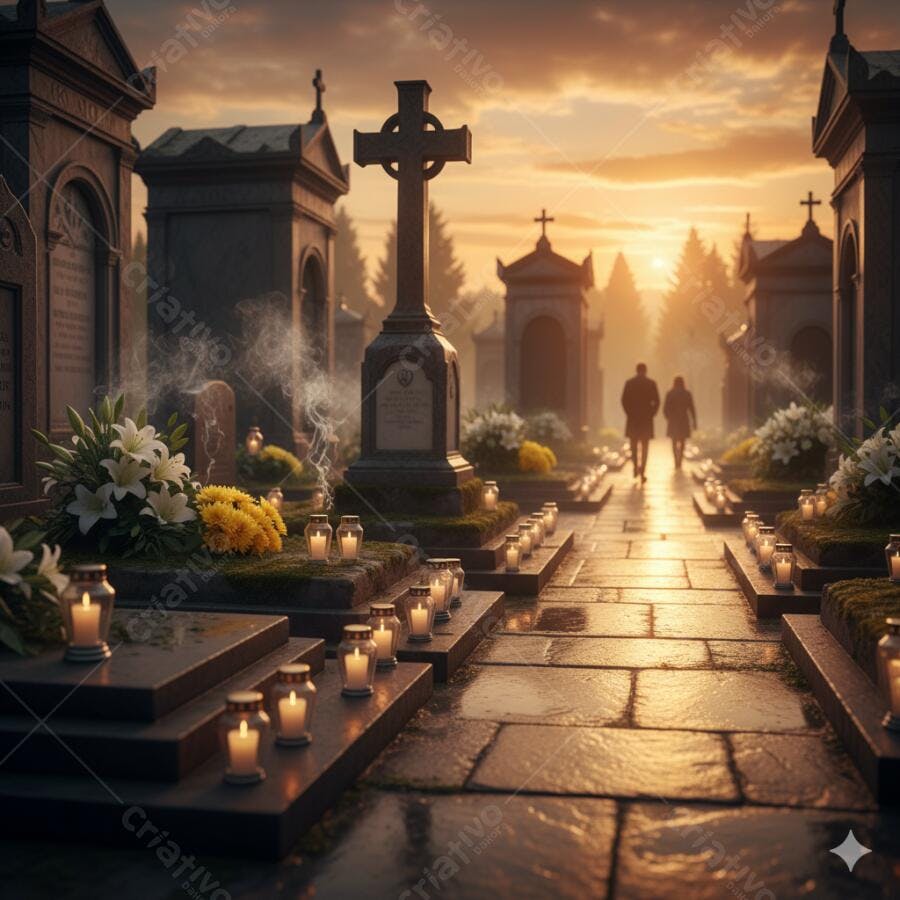 Cemitério ao pôr do sol com casal caminhando entre velas e flores