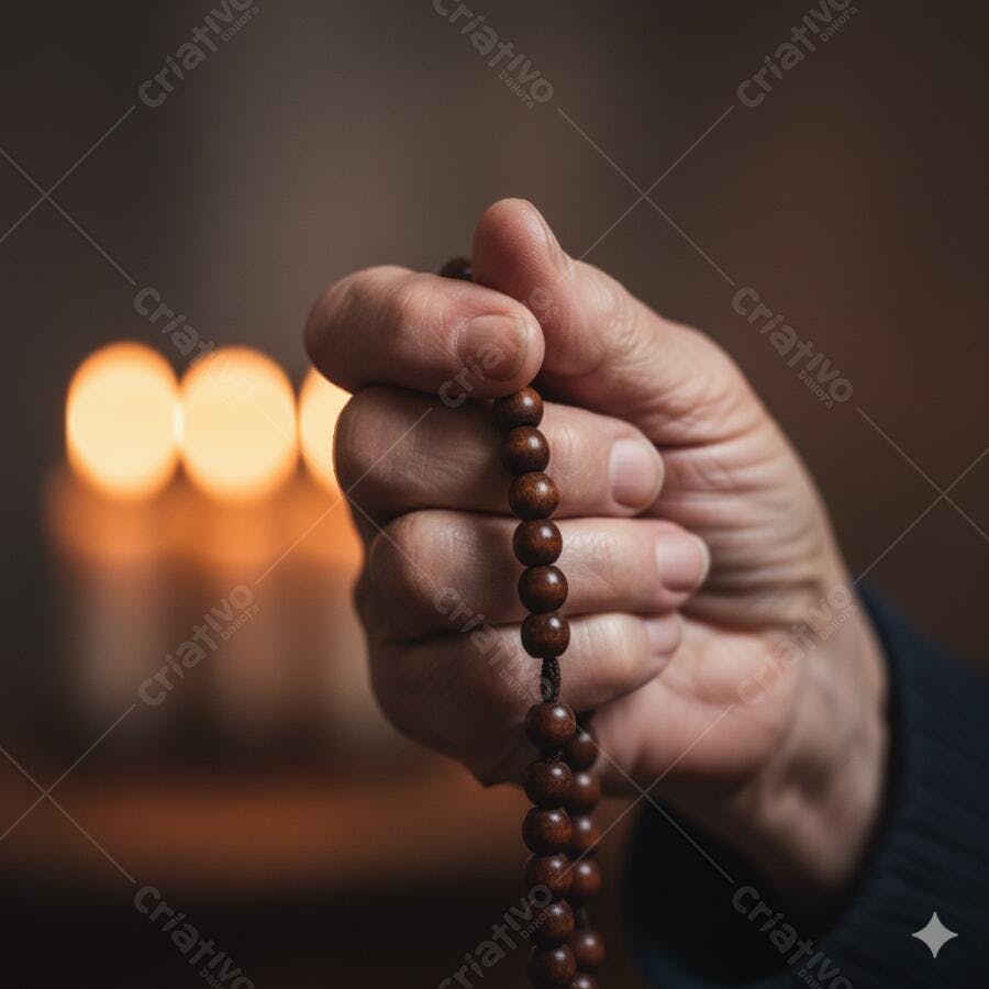 Mão segurando terço em oração com velas acesas