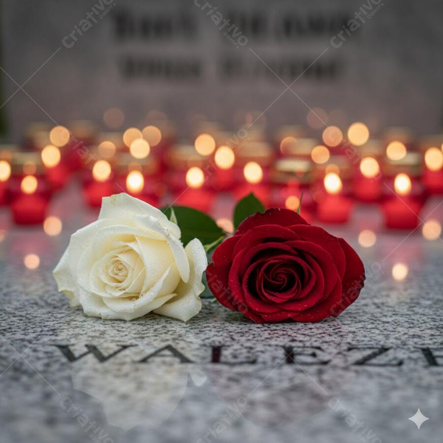 Rosas brancas e vermelhas em lápide com velas acesas