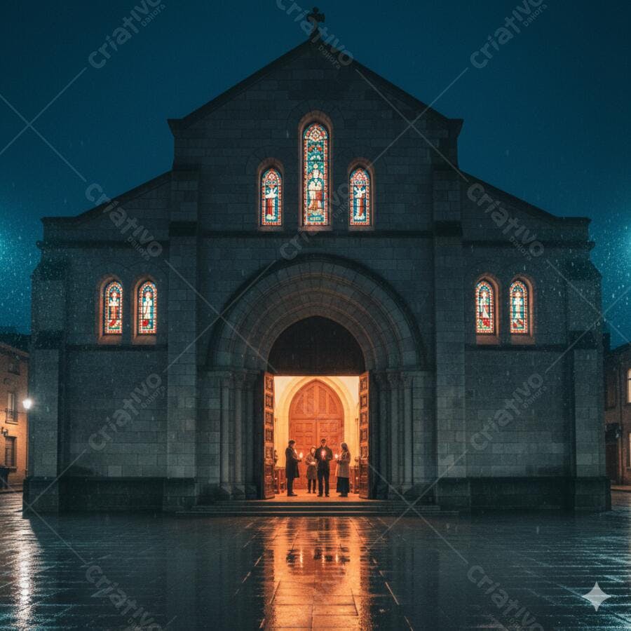 Igreja de pedra à noite quatro pessoas com velas na entrada chuvosa