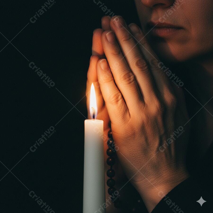 Pessoa orando com mãos postas e vela acesa rosário escuro