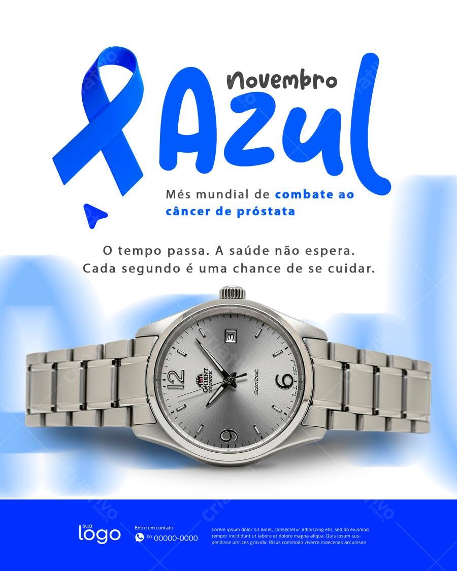 Flyer Novembro Azul Mês Mundial Câncer Próstata Relógio PSD Editável