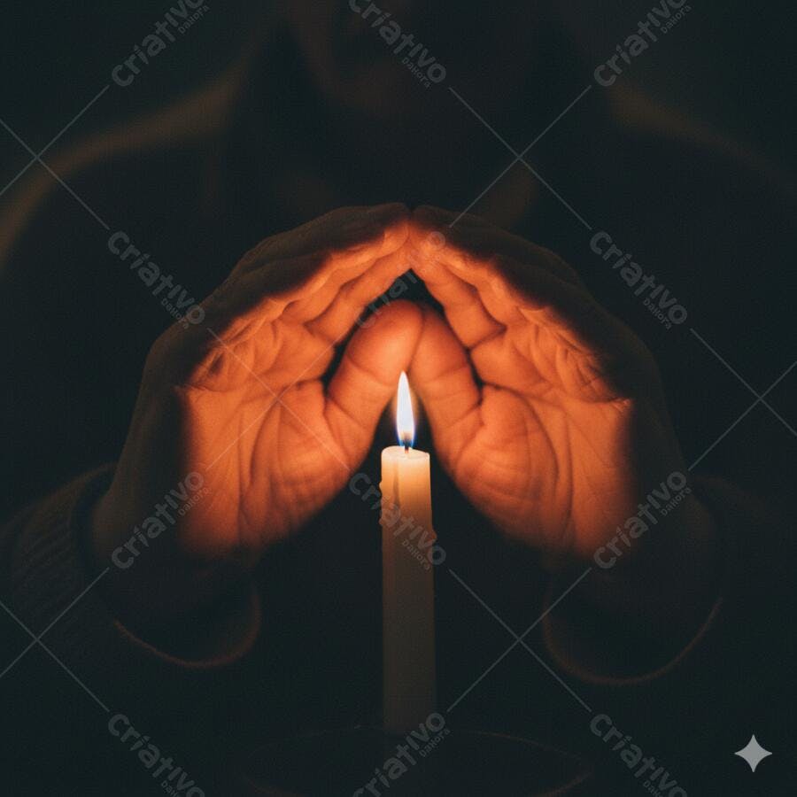 Mãos protegendo chama de vela acesa na escuridão profunda