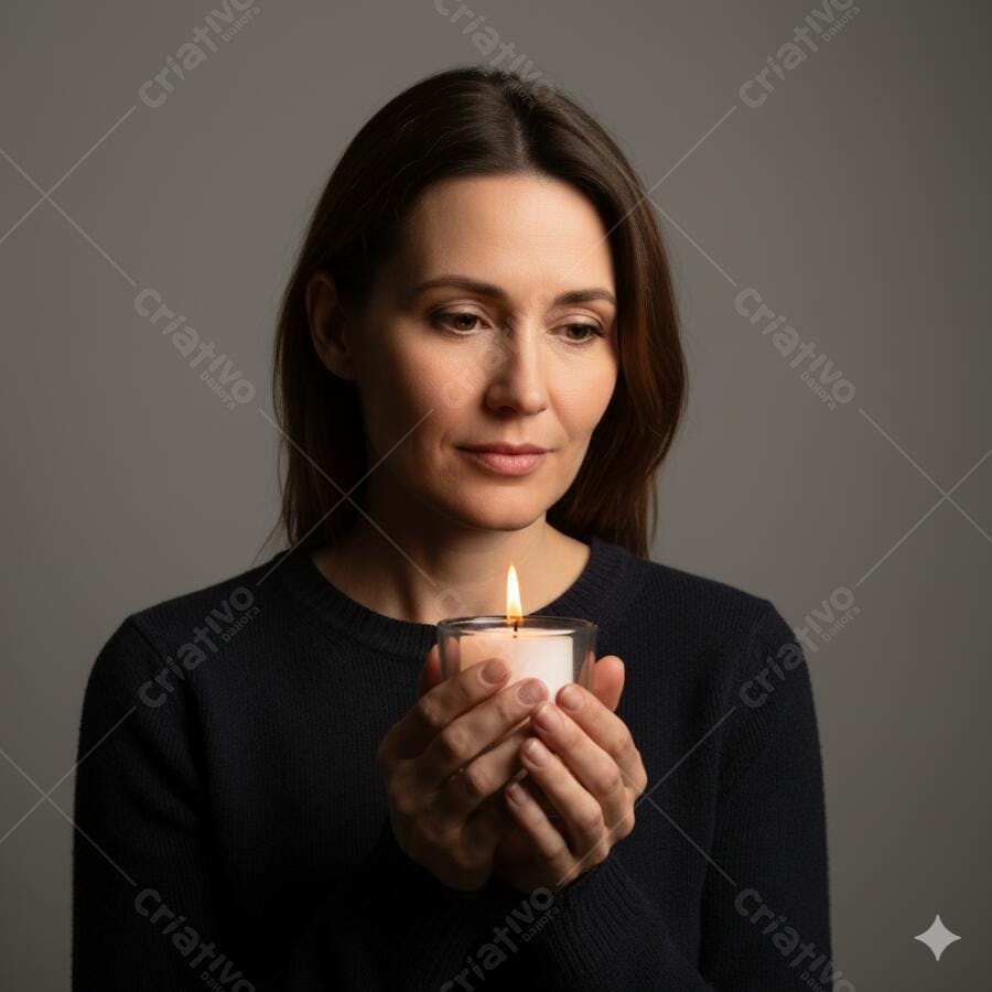 Mulher caucasiana segurando vela acesa em momento de reflexão