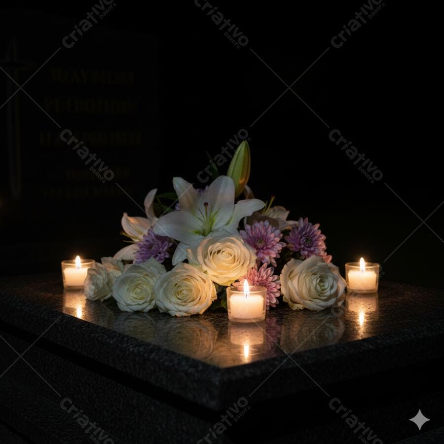 Flores brancas e roxas com velas acesas em memorial escuro