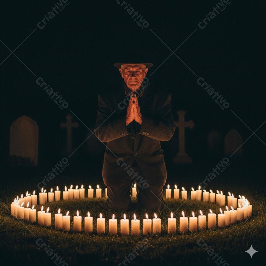 Homem idoso orando ajoelhado em cemitério com velas em formato de coração