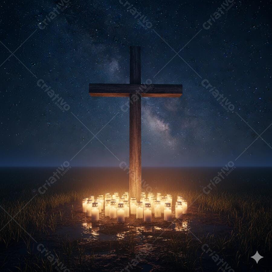 Cruz de madeira iluminada por velas votivas em campo noturno sob céu estrelado