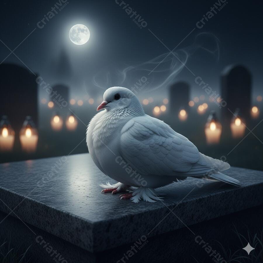 Pomba branca em lápide de cemitério à noite com luz de velas e lua cheia