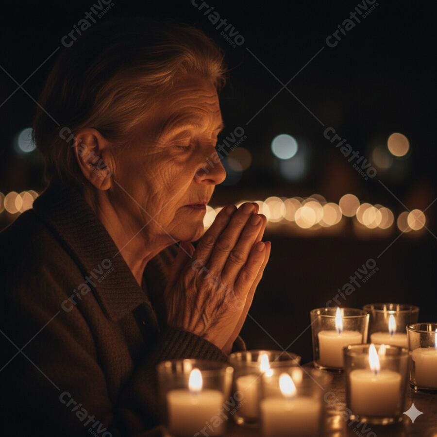 Mulher idosa rezando com mãos unidas à luz de velas em ambiente escuro