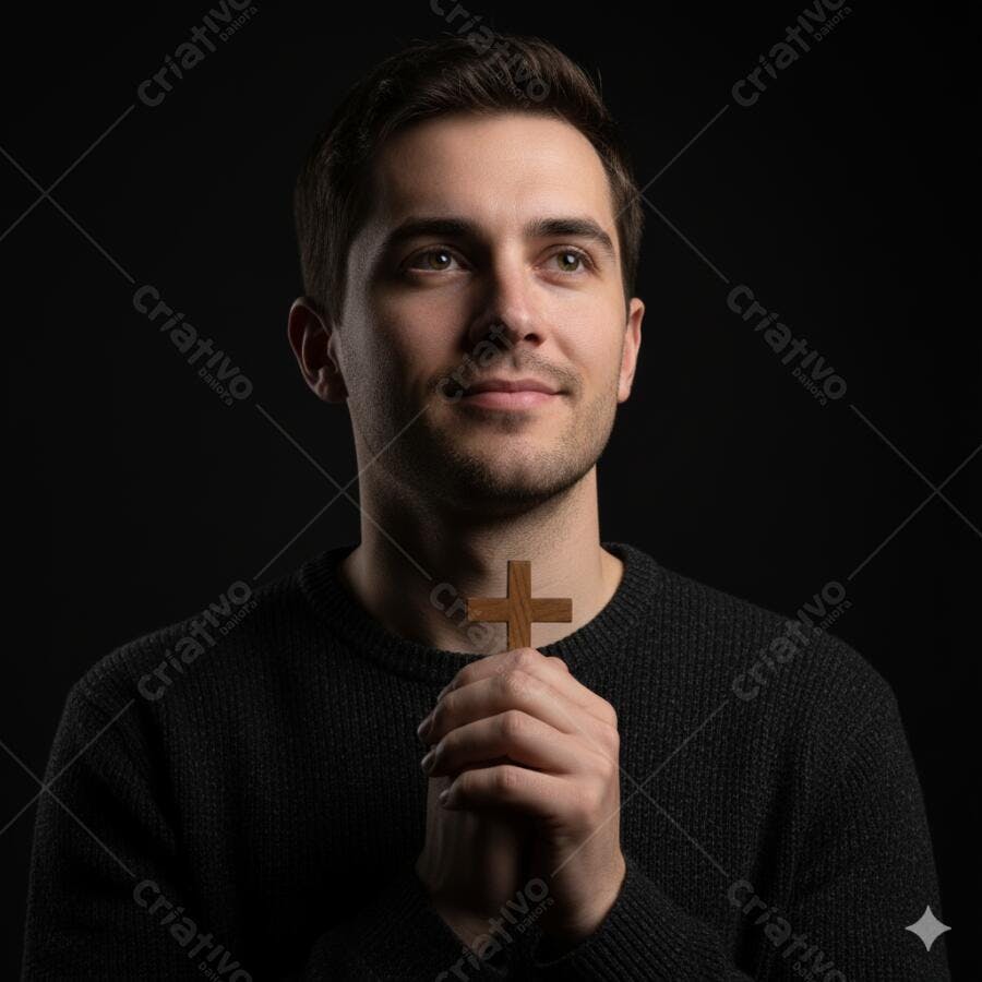 Homem caucasiano orando com cruz de madeira retrato espiritual