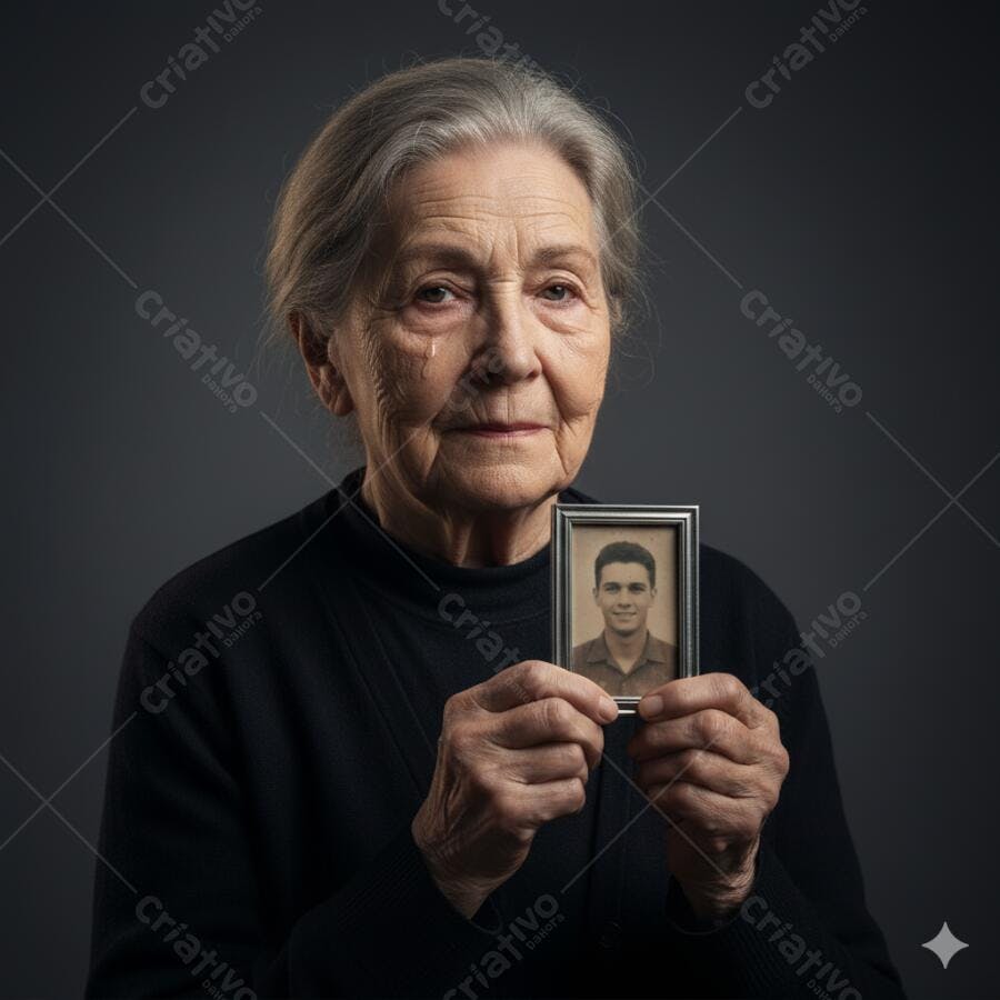 Mulher idosa caucasiana chorando segurando foto vintage de um jovem