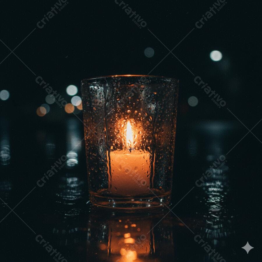 Vela acesa em copo com gotas de chuva à noite reflexo na superfície molhada