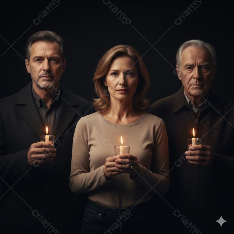 Três adultos segurando velas acesas em vigília sombria
