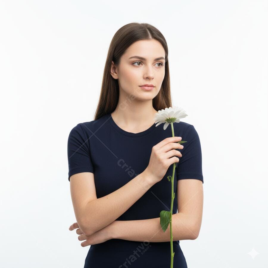 Mulher caucasiana olha pensativa segurando flor branca em camiseta azul escura