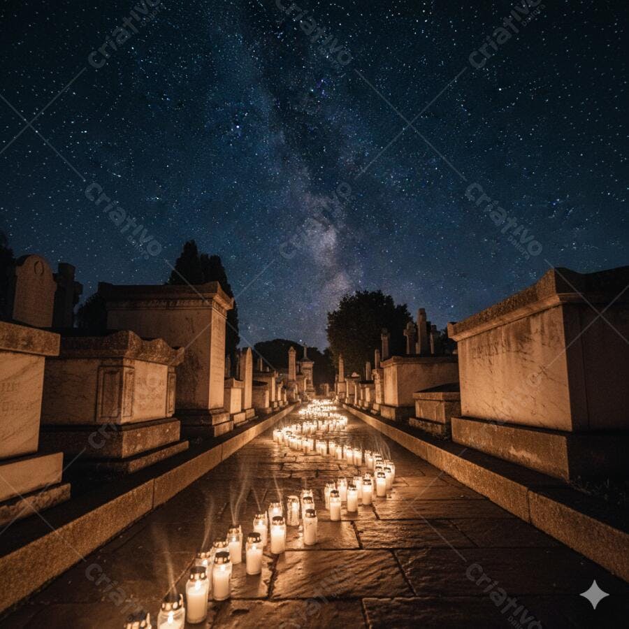 Velas acesas iluminando cemitério à noite sob o céu estrelado da Via Láctea