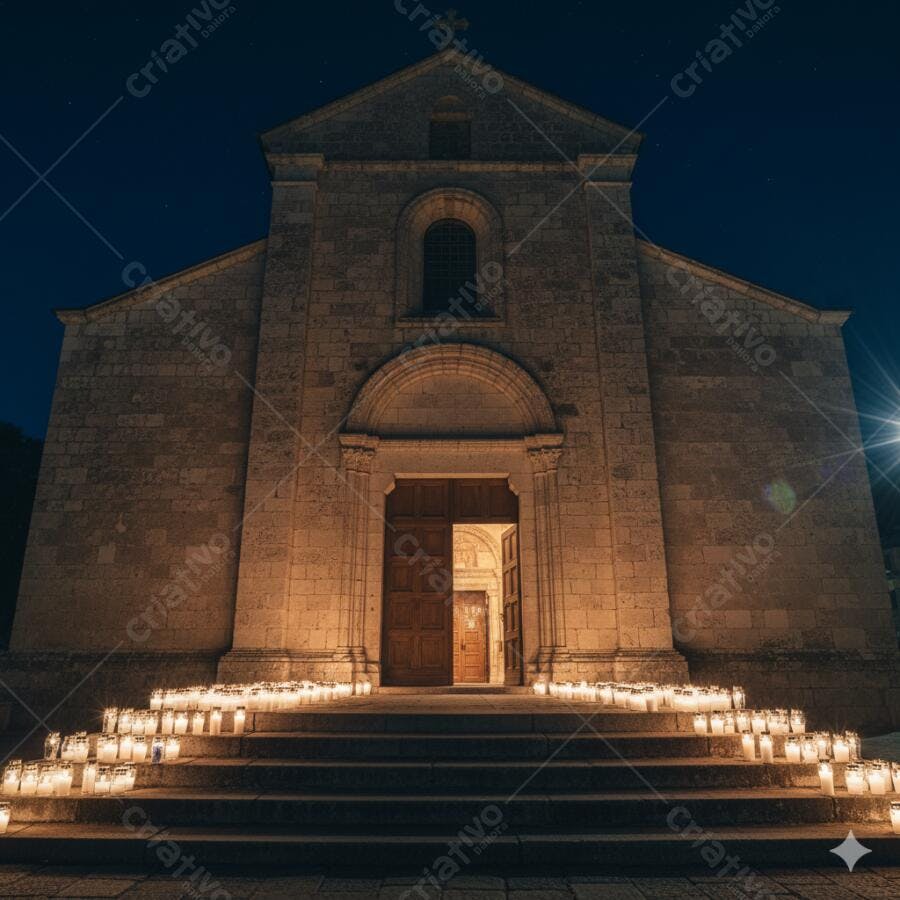 Igreja de pedra com escadaria e velas acesas à noite sob céu estrelado