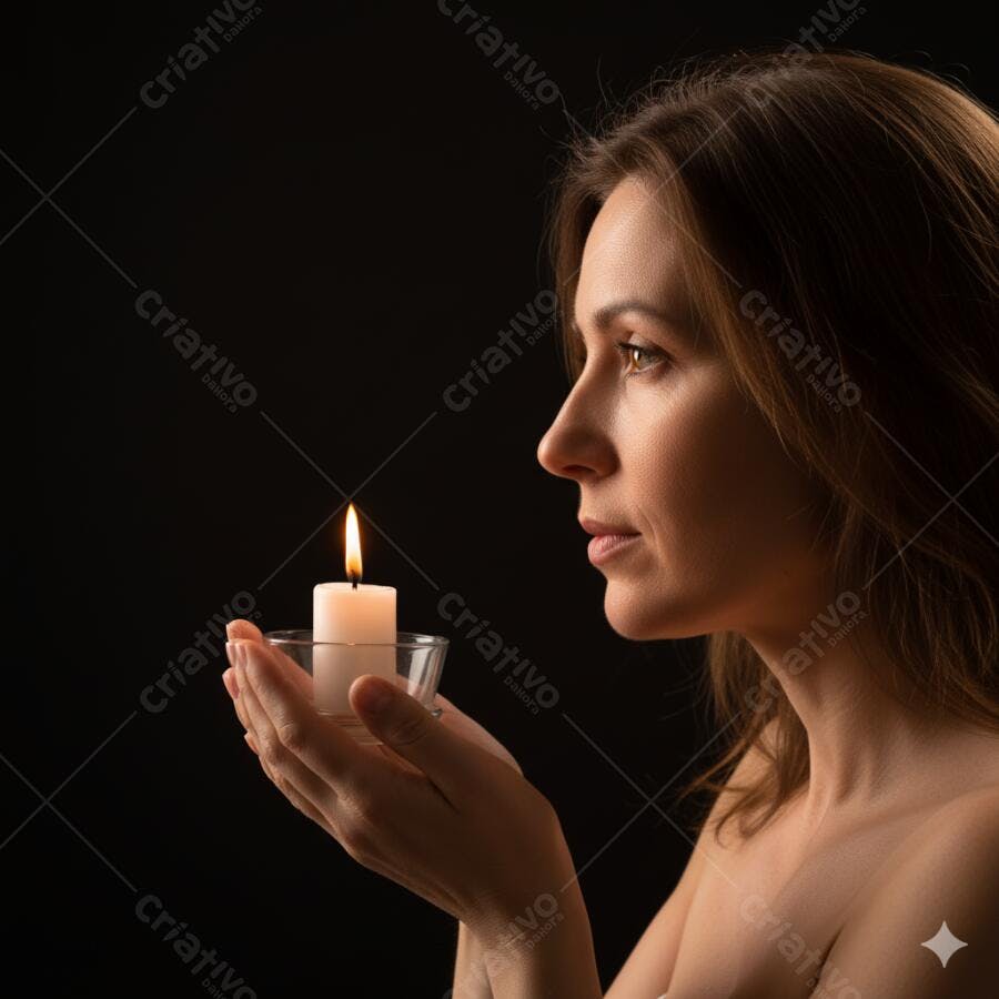 Mulher morena de perfil segurando vela acesa em momento contemplativo fundo escuro