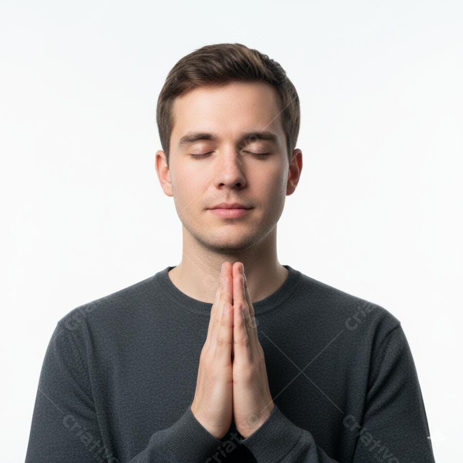 Homem jovem caucasiano meditando em oração olhos fechados camisa cinza escura