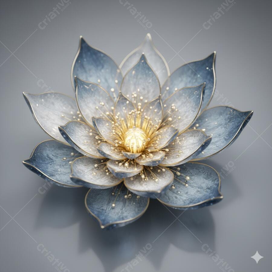 Flor de lótus azul e dourada brilhante sobre fundo cinza minimalista
