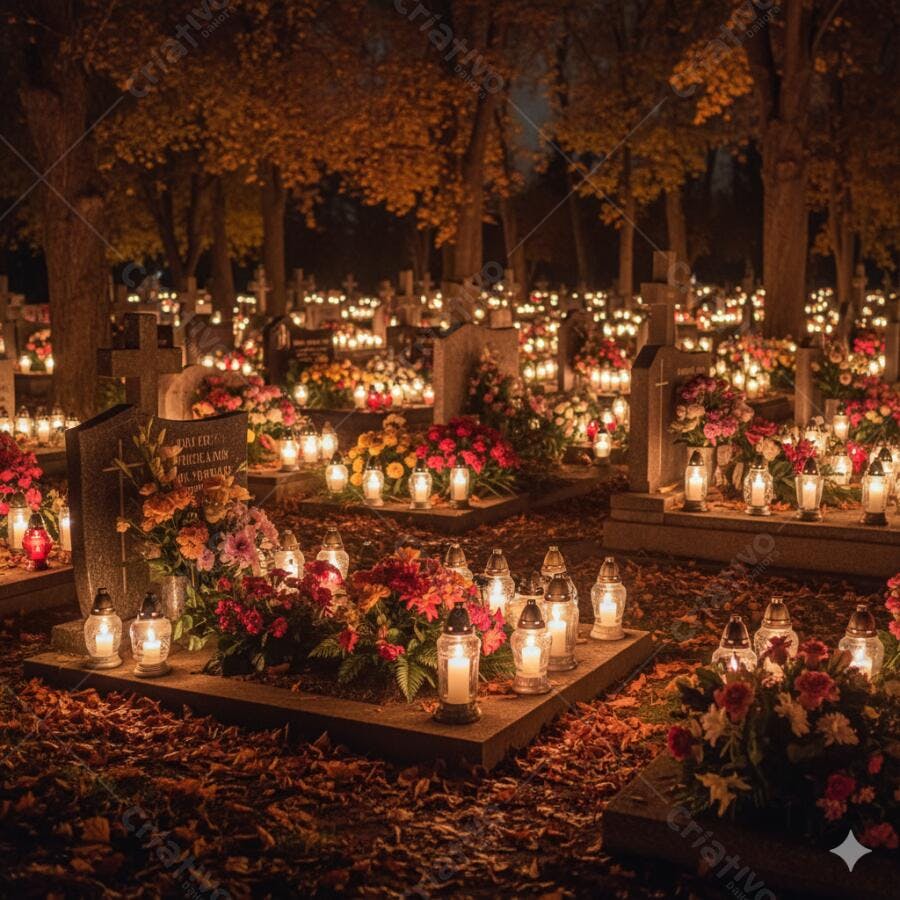 Cemitério à noite iluminado por centenas de velas para Dia de Finados
