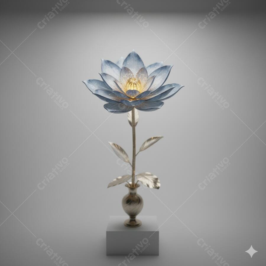 Flor de lótus azul metálica em vaso prateado sobre pedestal branco em estúdio