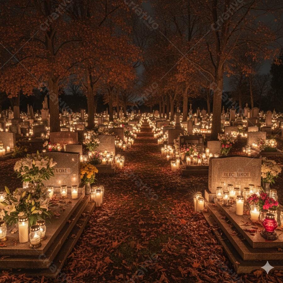 Cemitério à noite iluminado por velas e flores outonais Dia de Finados