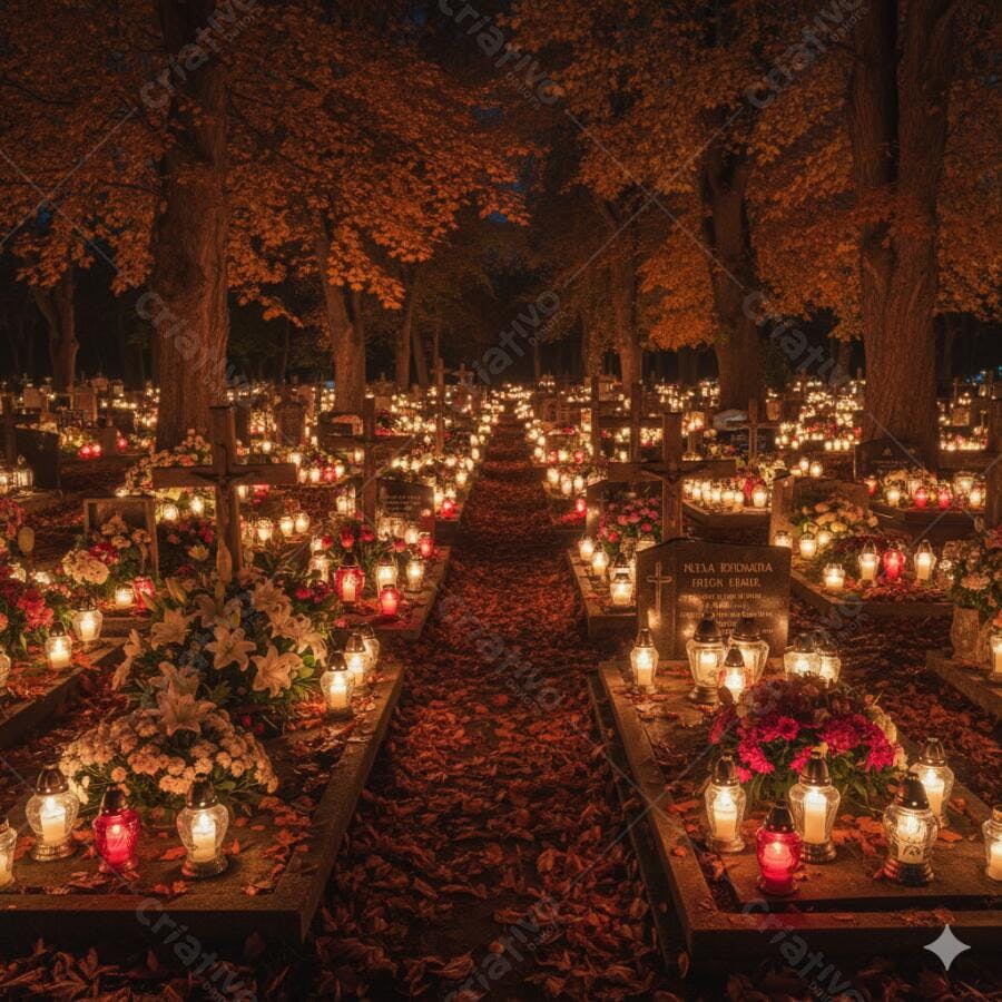 Cemitério iluminado por velas no outono à noite Dia de Todos os Santos