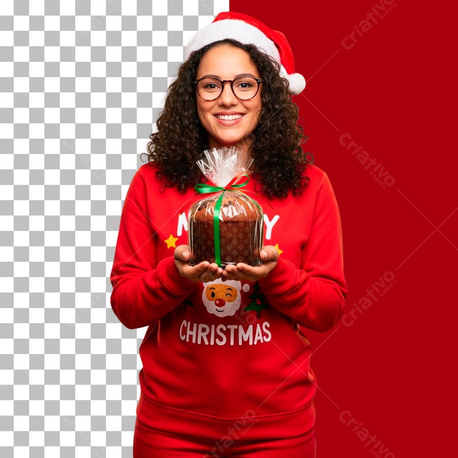 Post Redes Sociais Natal Mulher Sorrindo Panetone Suéter Vermelho PNG com fundo transparente