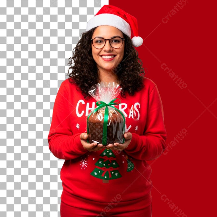 Post Natal Mulher Sorridente Panettone Gorro Papai Noel PNG com fundo transparente