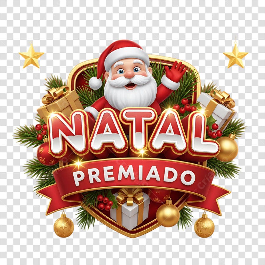 Selo Natal Premiado com Papai Noel presentes estrelas e enfeites PNG com fundo transparente