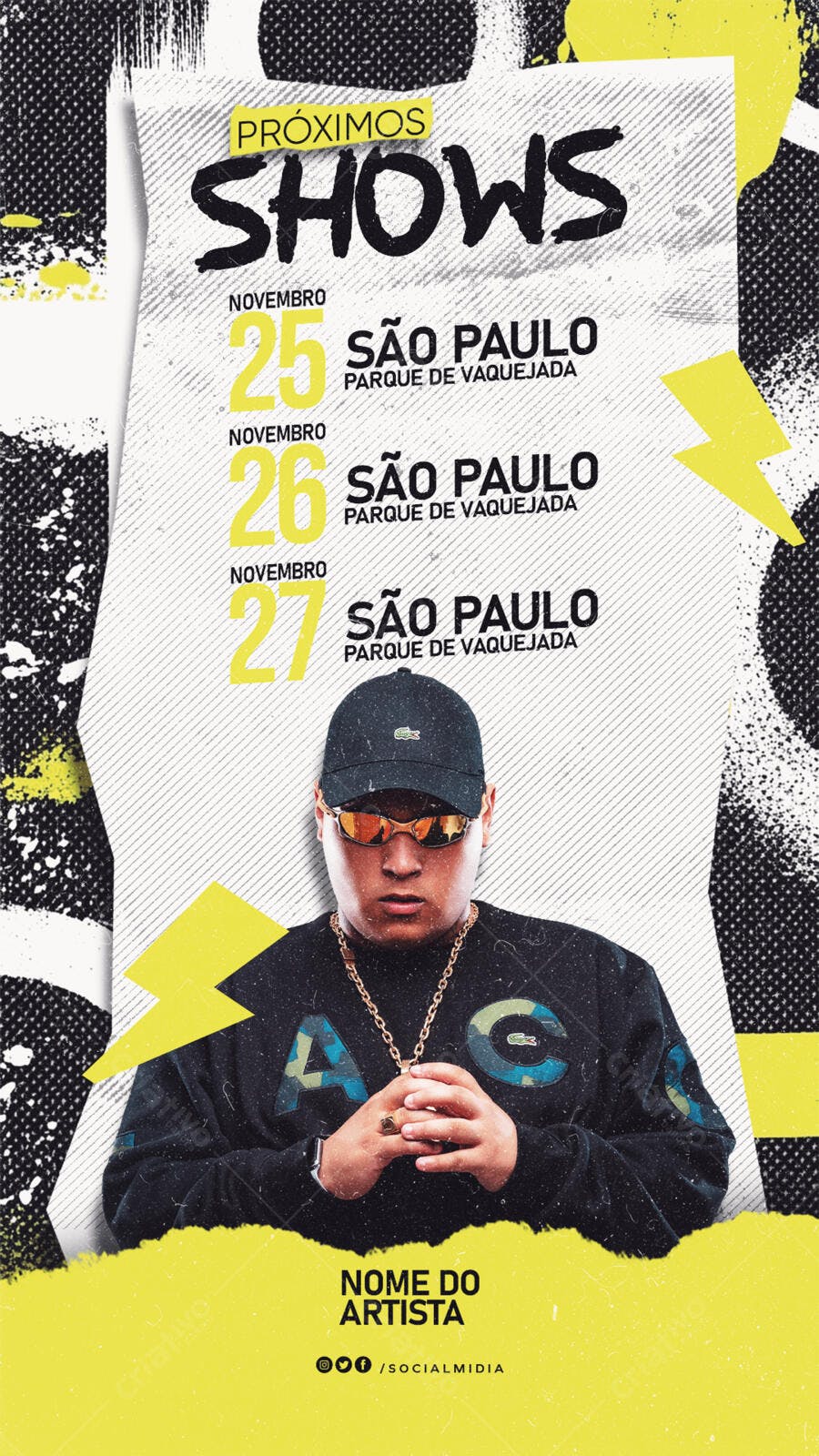 Flyer Próximos Shows de Música Urbana Artista Boné Óculos PSD Editável
