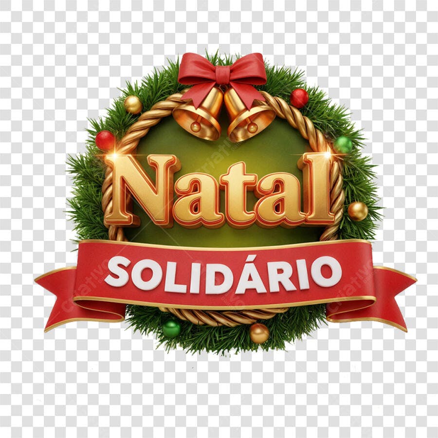 Selo Natal Solidário guirlanda sinos dourados laço vermelho PNG com fundo transparente