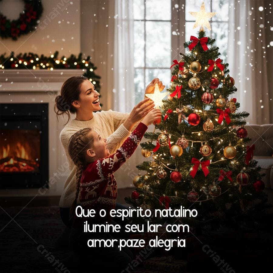 Cartão de Natal Família Alegre Decorando Árvore PSD Editável