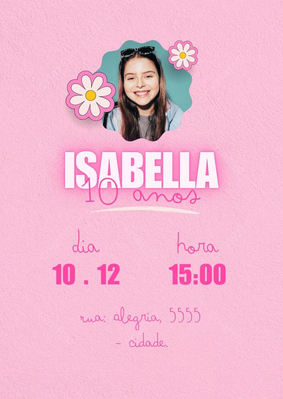 Convite de aniversário infantil menina rosa divertido com foto e flores boho Editável no Canva
